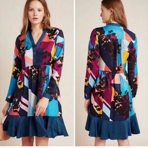 Anthro Maeve Gillian Long Sleeve Multicolor Geometric Abstract Mixed Print Dress